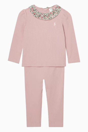 Printed-collar Top & Leggings Set