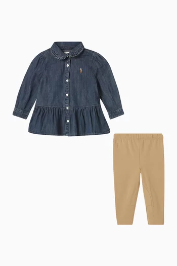 Denim Peplum Shirt & Jersey Leggings Set