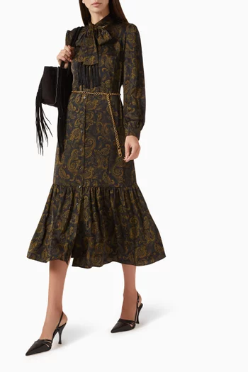 Paisley-print Tie-Neck Dress in Satin