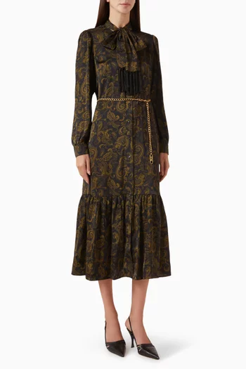 Paisley-print Tie-Neck Dress in Satin