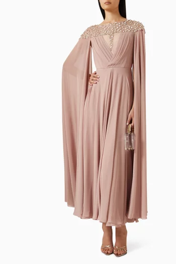 Pleated Cape Crystal-embellished Midi Dress