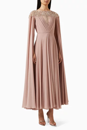 Pleated Cape Crystal-embellished Midi Dress