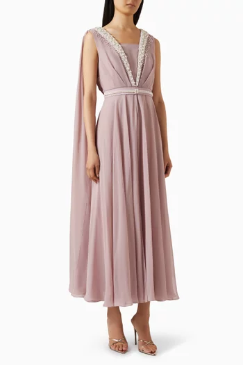 Pearl Beaded-trims Midi Dress