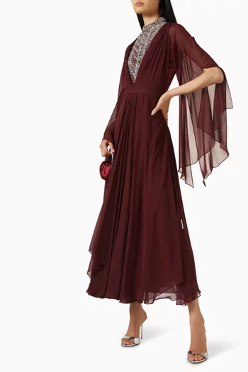 Beaded Crystal Neckline Midi Dress