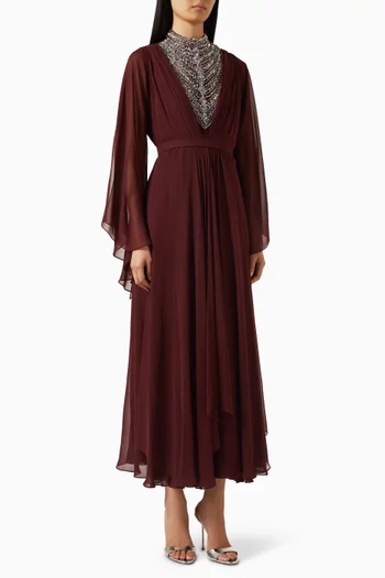 Beaded Crystal Neckline Midi Dress