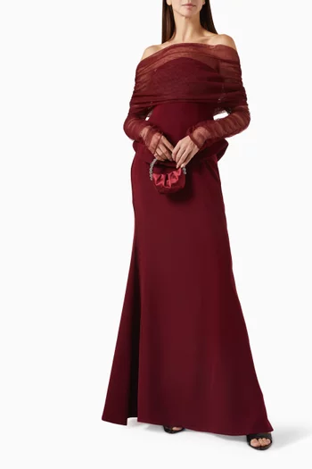 "Three pieces set: structured corset and skirt increpe with tulle crushed long sleeves top in tulle.":DARK RED:M|218755397