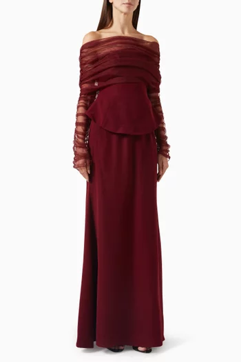 "Three pieces set: structured corset and skirt increpe with tulle crushed long sleeves top in tulle.":DARK RED:M|218755397