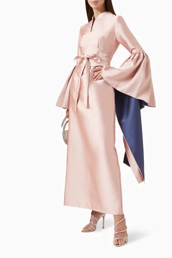 "Fitted two tones taffeta dress with a structured wasit andoversized layered sleeves, and removable belt.":Pink    :L|218755526