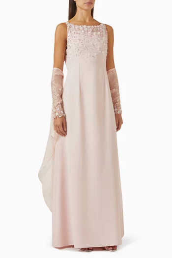 Fitted dress with a boat neckline,embellished with delicate sequins andfloral applique. Paired with sheerembellished glove sleeves, featuring anattached flowing shawl for added graceand movement.:Light/Pastel Pink:M|218756606