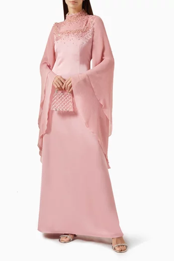 Fitted dress featuring a high embellishedneckline adorned with delicate pearlsand crystals. Finished with sheer,layered bell sleeves for a graceful andfeminine silhouette.:Pink    :S|218756617