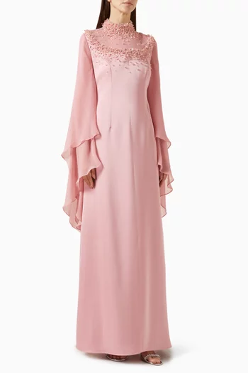 Fitted dress featuring a high embellishedneckline adorned with delicate pearlsand crystals. Finished with sheer,layered bell sleeves for a graceful andfeminine silhouette.:Pink    :S|218756617
