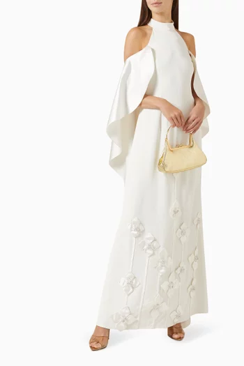 An elegant fitted dress with gracefulcold-shoulder drapes, adorned withdelicate 3D floral appliques cascadingalong the skirt for a sophisticated andethereal finish.:Off White:L|218756631