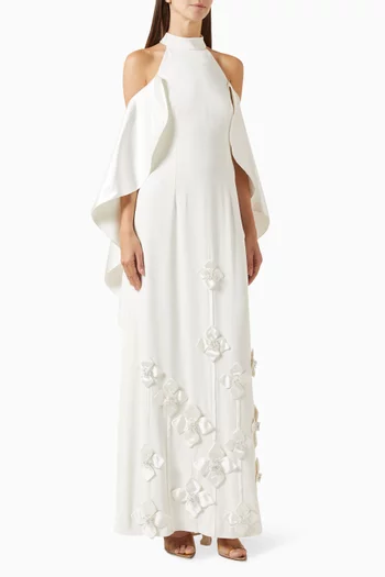 An elegant fitted dress with gracefulcold-shoulder drapes, adorned withdelicate 3D floral appliques cascadingalong the skirt for a sophisticated andethereal finish.:Off White:L|218756631