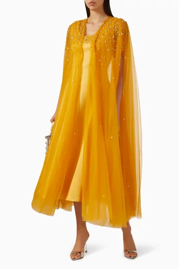 Embellished Cape & Dress Set in Tulle & Satin