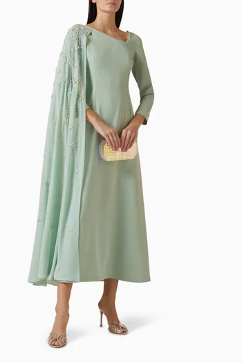 Embellished Cape-sleeve Dress in Chiffon