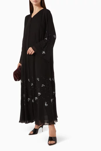 Bead Embroidered Flared Abaya in Double Chiffon