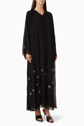 Bead Embroidered Flared Abaya in Double Chiffon