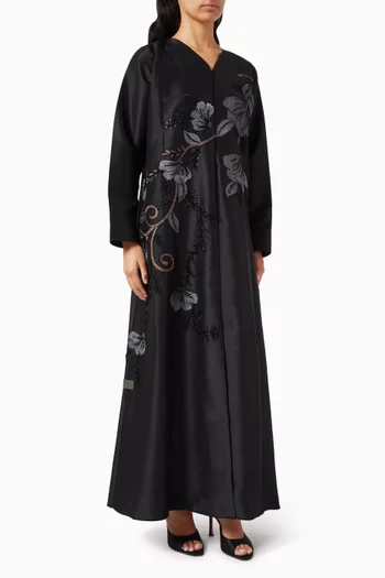 Thread & Bead Embroidered Abaya in Satin