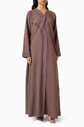 Bead Embellished Draped Abaya in Mixed Linen