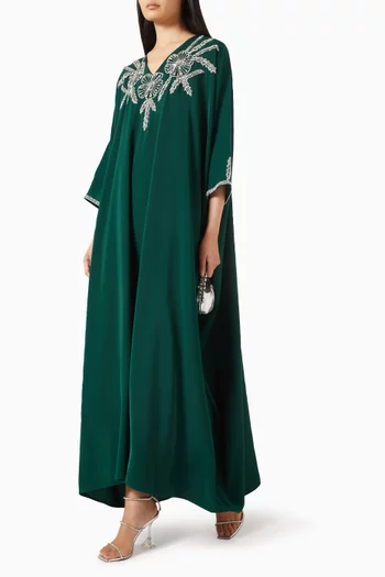 Flowing kaftan with flared sleeves and intricate floral hand embroidery at the center and around the cuff.:DARK GREEN:L|218780617