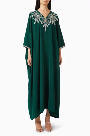 Flowing kaftan with flared sleeves and intricate floral hand embroidery at the center and around the cuff.:DARK GREEN:L|218780617