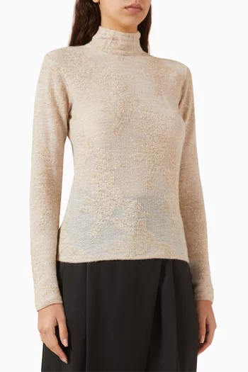 Sheer Flower Jacquard Mockneck Top in Alpaca-blend