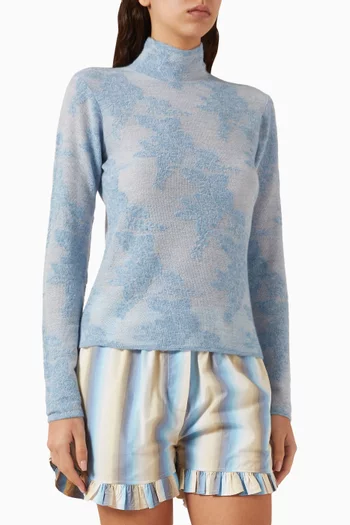 Sheer Flower Jacquard Mockneck Top in Alpaca-blend