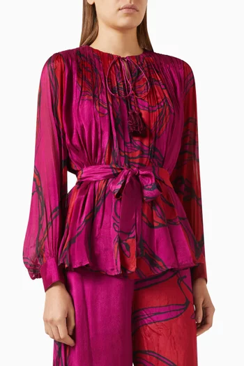 Pleated Floral-print Belted Top