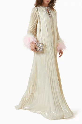 Metallic Ombre Feather Maxi Dress in Silk-blend