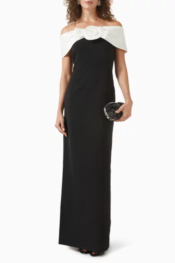 Flower Off-shoulder Maxi Dress in Crepe