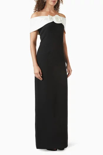 Flower Off-shoulder Maxi Dress in Crepe