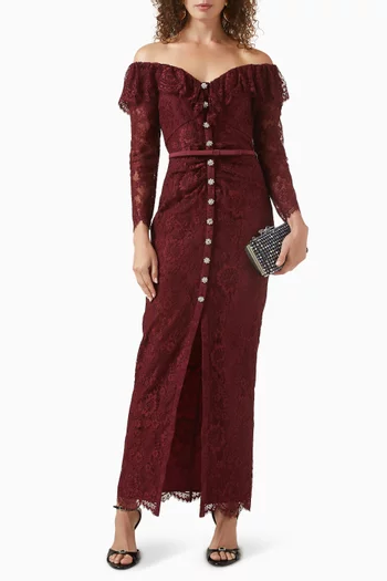 Off-shoulder Gathered Maxi Dress in Lace