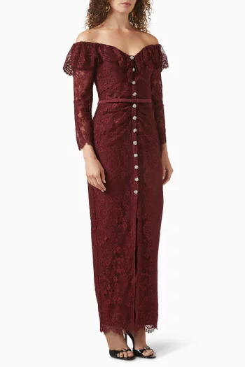 Off-shoulder Gathered Maxi Dress in Lace