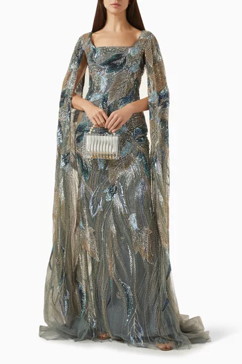 Sequin-embellished Cape Gown in Tulle