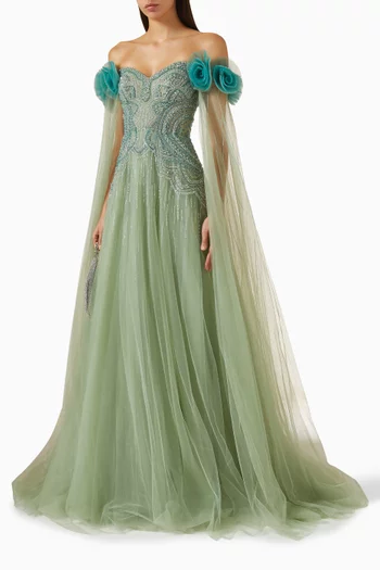 Embellished Off-shoulder Gown in Tulle