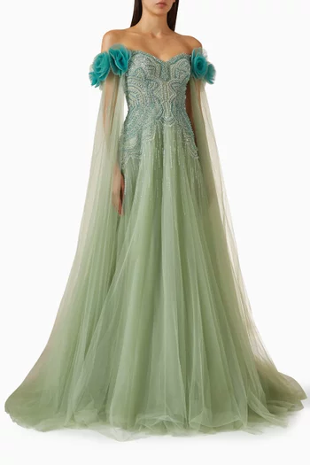 Embellished Off-shoulder Gown in Tulle