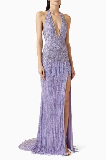 Sequin-embellished Slit Gown in Mesh