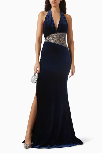 Embroidered-waist Gown in Velvet