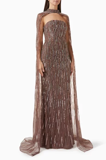 Sequin-embellished Cape Gown