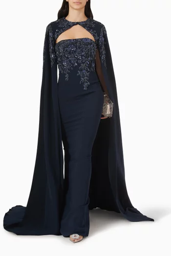 Bead-embellished Cape Gown in Crepe