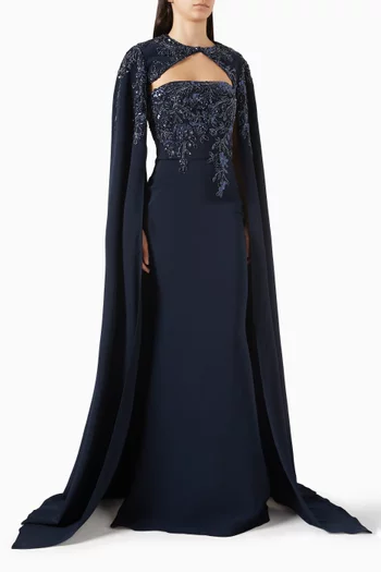 Bead-embellished Cape Gown in Crepe
