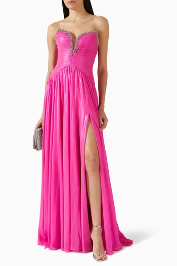 Embellished Pleated Gown in Metallic-chiffon