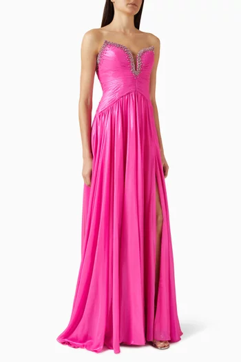 Embellished Pleated Gown in Metallic-chiffon
