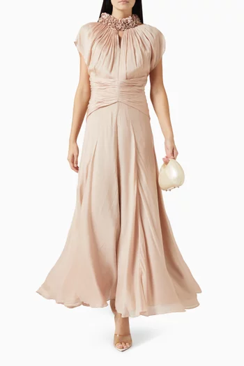 Ruffled-neck Pleated Maxi Dress