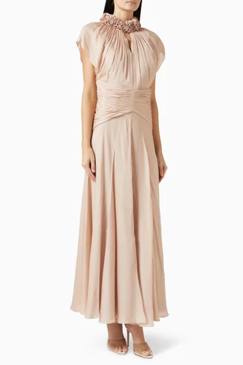 Ruffled-neck Pleated Maxi Dress