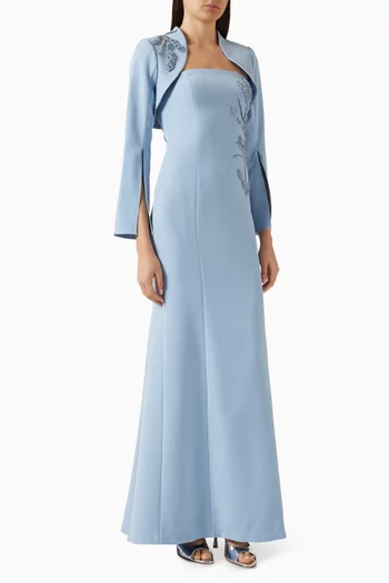 فستان سهرة مع بوليرو وحافة مزينة بالخرز كريب