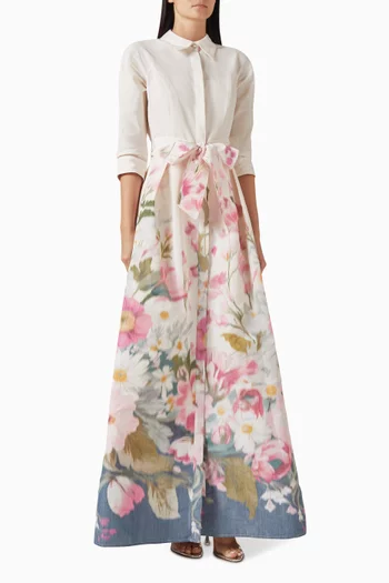 Floral Placement Print Gown in Taffeta