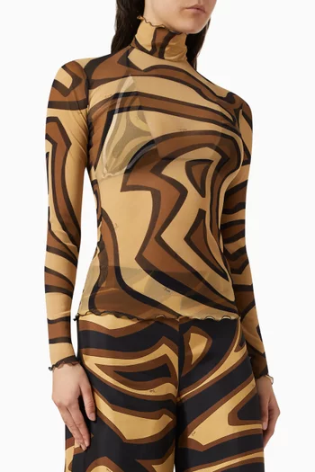Abstract-print Turtleneck Top in Tulle
