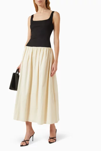 فستان مالوري متوسط الطول بصدرية بلون مغاير قطن بوبلين