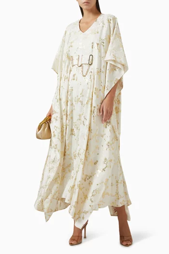 فستان طويل مزين بنقشة وحزام